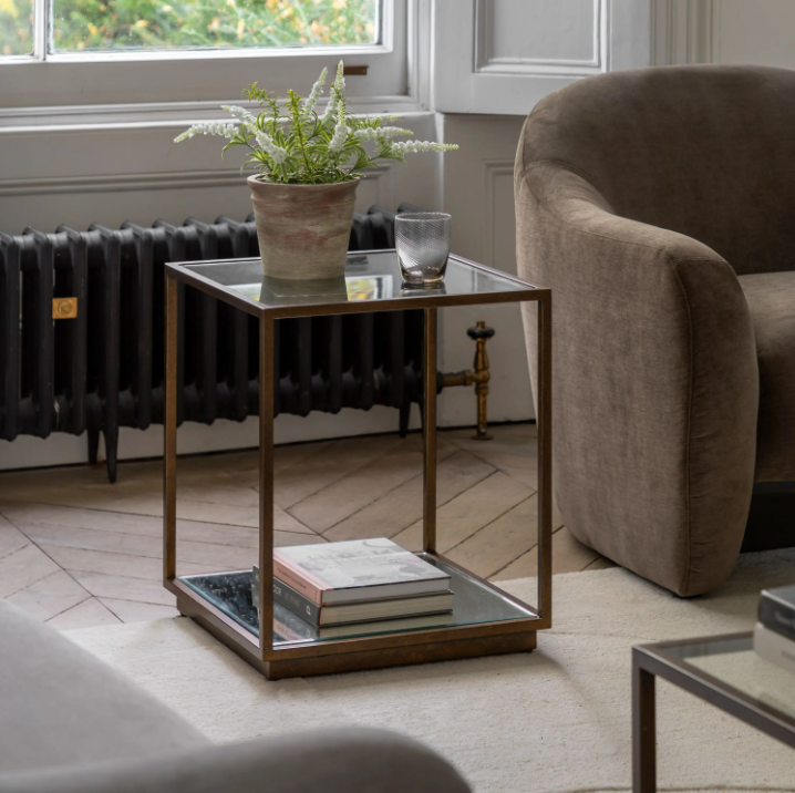 Avento Bronze Glass Side Table | Modern Luxury Accent Table with Mirrored Shelf