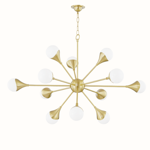 A mid-century modern multi-light chandelier with a brushed gold metal frame and white glass globes, suspended from a ceiling canopy against a plain white background.