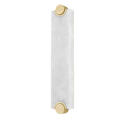 A modern wall-mounted light fixture featuring a long, rectangular white marble bar with brushed gold end caps and mounting hardware, shown against a plain white background.