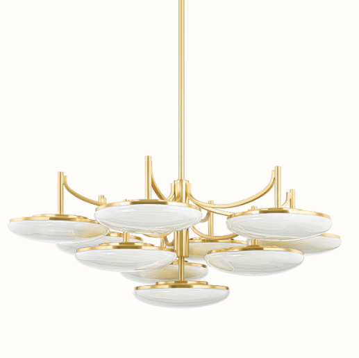 A modern multi-light chandelier with a brushed gold metal frame and multiple oval-shaped frosted glass shades, suspended from a central rod against a solid white background.