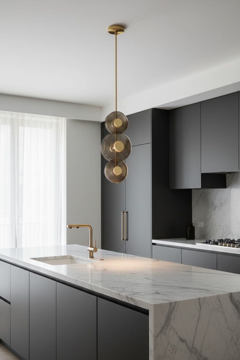 A modern three-tier pendant light fixture with concentric circular glass shades in a smoky amber-brown color and polished gold-toned metal centers, suspended by a matching gold cord against a solid white background.