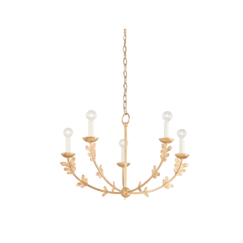 A five-light hanging chandelier with a gold-finished metal frame featuring leaf and vine motifs, suspended by a chain against a plain white background.
