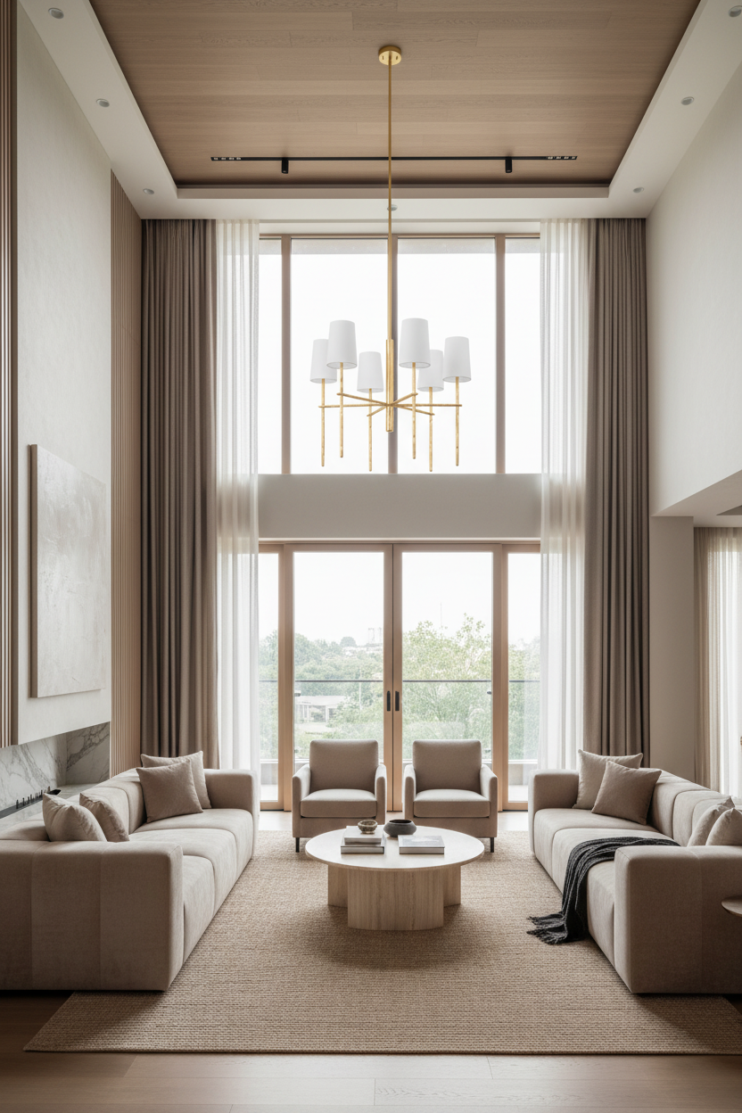 A modern six-light chandelier with a brushed gold metal frame and six white drum-shaped fabric shades, suspended from a central gold rod against a plain white background.