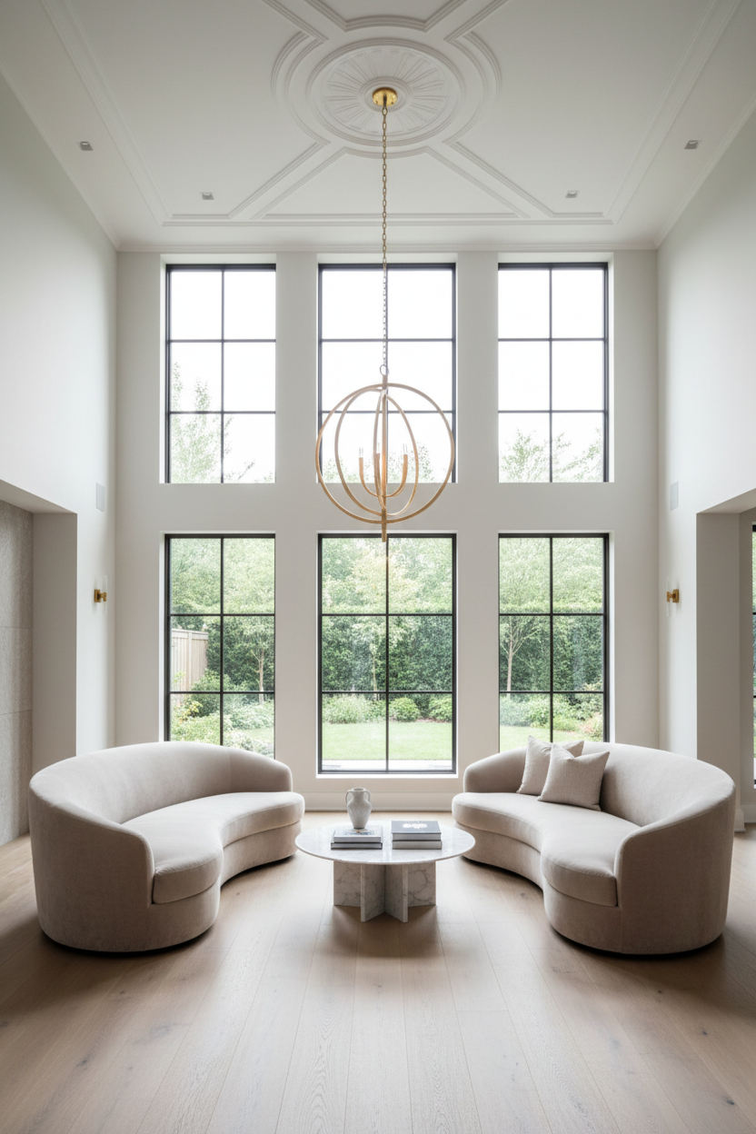A modern gold chandelier with a spherical, open-frame design and six candle-style bulbs, suspended from a matching gold chain against a plain white background.