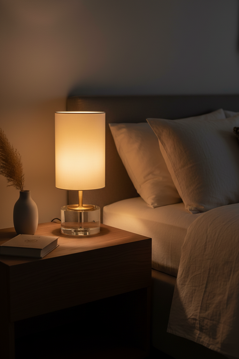 A modern table lamp with a warm white cylindrical fabric shade, a gold-finished metal stem and base, and a clear faceted glass or acrylic pedestal base, shown against a plain white background.
