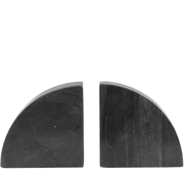 A pair of black stone bookends shaped like semi-circles, displayed side-by-side on a plain white background.