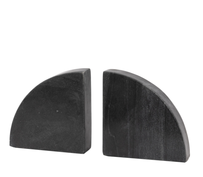 A pair of black stone quarter-round bookends on a plain white background.