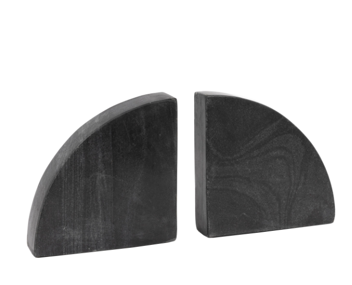 A pair of black quarter-round wooden bookends with a natural wood grain texture, shown on a plain white background.