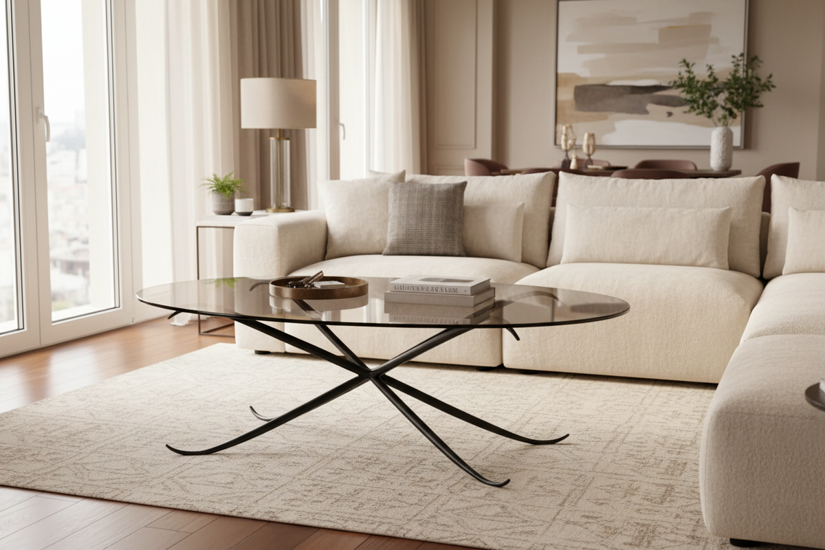 An oval coffee table with a light beige glass top and a black metal base featuring a sculptural, curved crisscross design, shown against a light gray background.