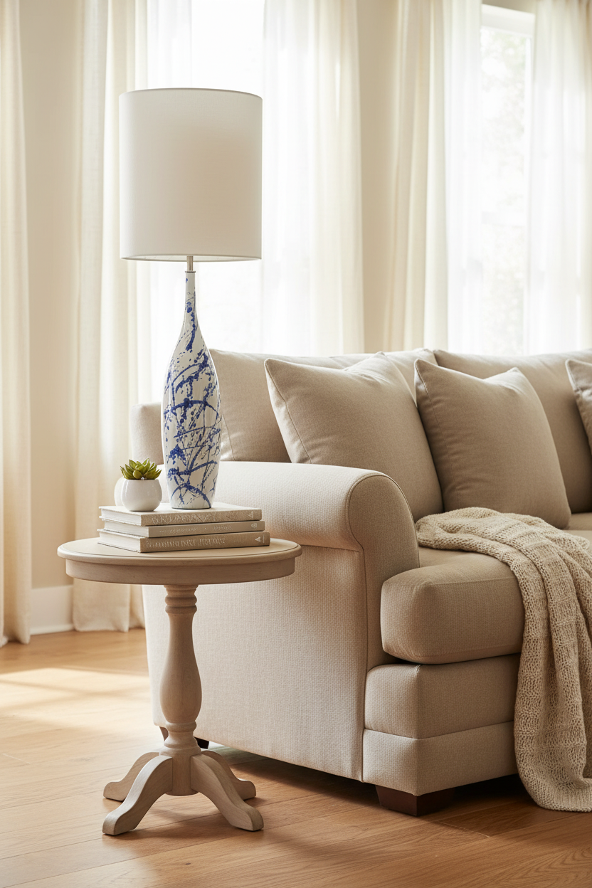 A table lamp with a white cylindrical fabric shade and a white ceramic base decorated with blue paint splatters, set against a plain white background.