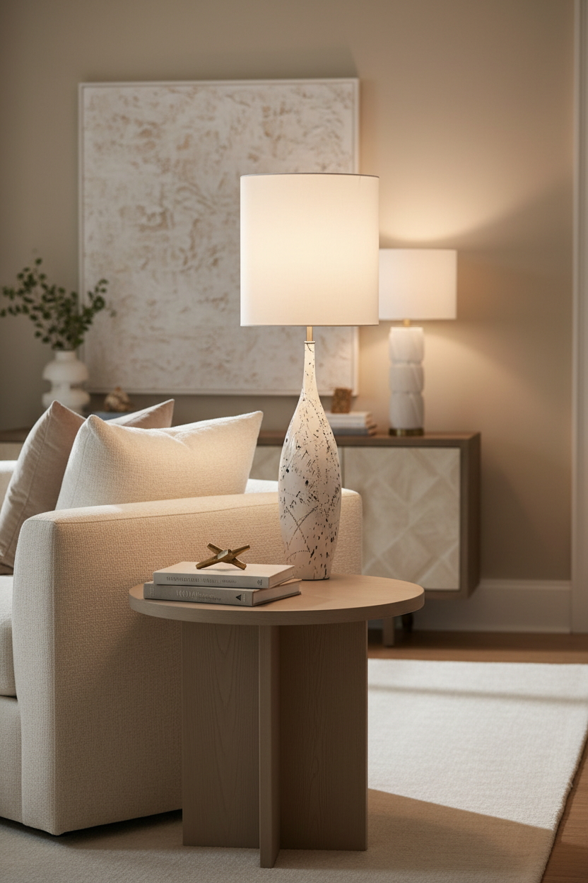 A table lamp with a white cylindrical fabric shade and a textured, speckled white ceramic base, shown against a plain white background.