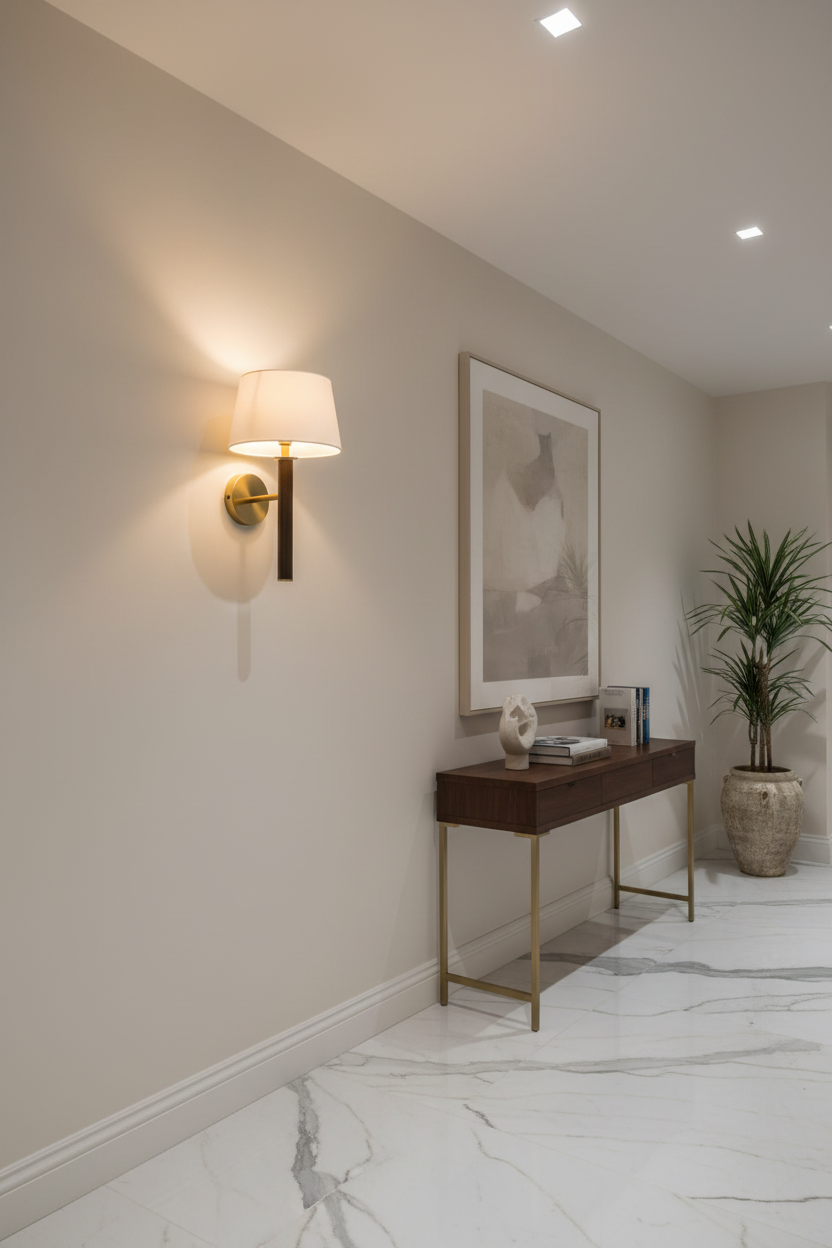 A wall lamp with a dark antique brass tube and base, paired with a light antique brass circular wall mount and an off-white fabric shade.