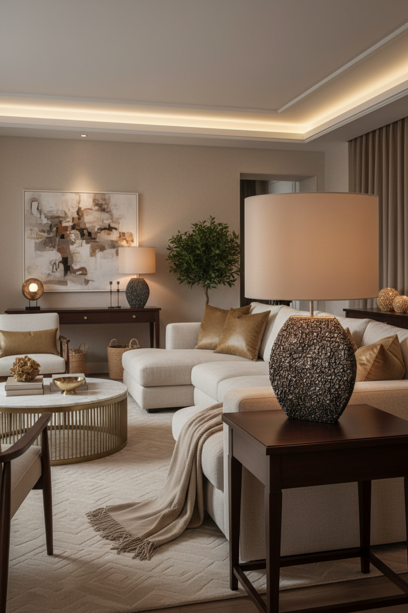 A table lamp with a textured, dark metallic base and a large, cylindrical beige fabric drum shade
