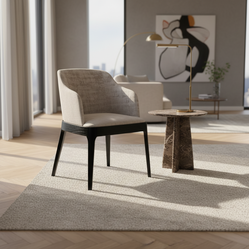 Chair with beige cushioned backrest and black frame on a white background