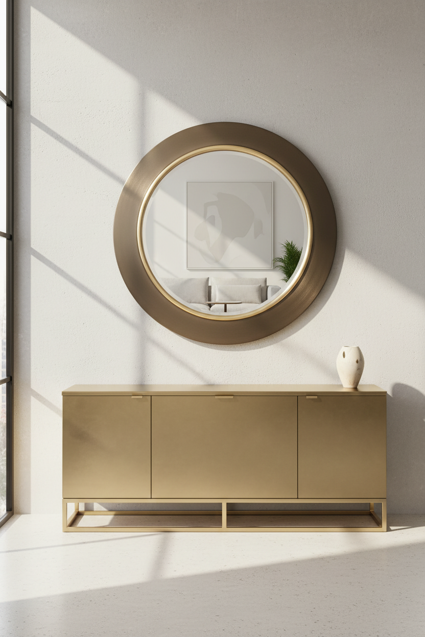 Round wall mirror with a wide brushed metallic frame in a warm bronze finish and a thin gold inner trim, shown against a plain light background.