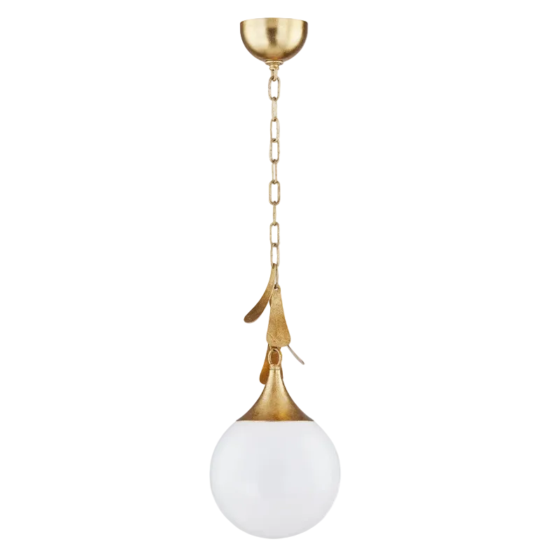A modern pendant light fixture with a spherical white glass shade and a polished brass-finished ceiling canopy, chain, and decorative stem, shown against a plain white background.