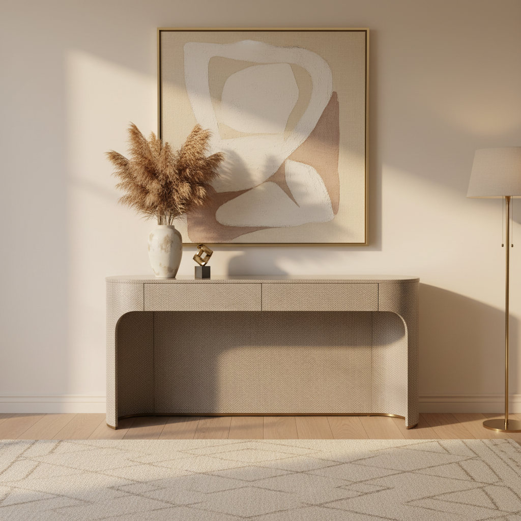 A modern console table with a textured taupe fabric upholstery, featuring two drawers on top and a curved open shelf design underneath, shown against a light gray background.
