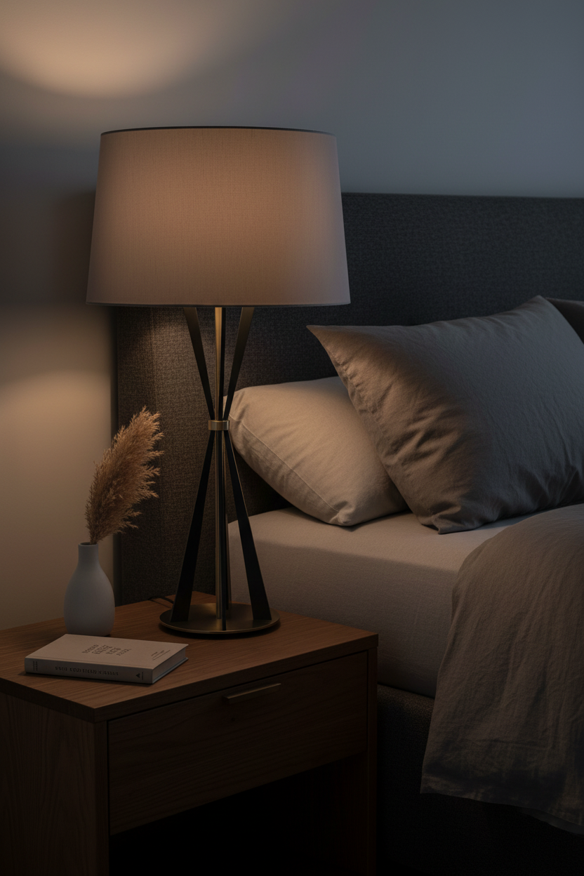 Table lamp with a beige shade and metallic base on a white background