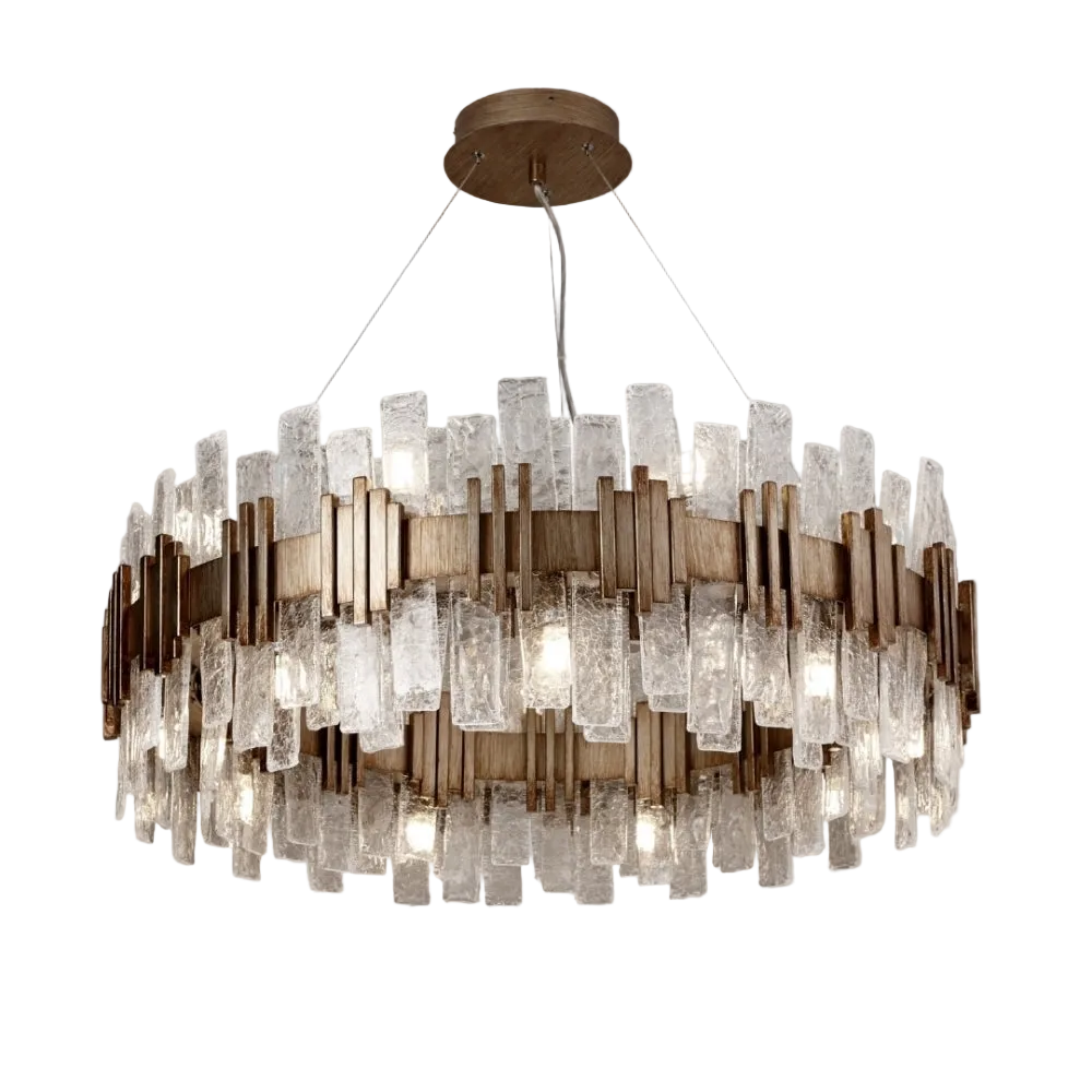 An elegant Volvic chandelier with antique gold finish and textured glass panels, designed as a statement lighting fixture for luxurious interiors.