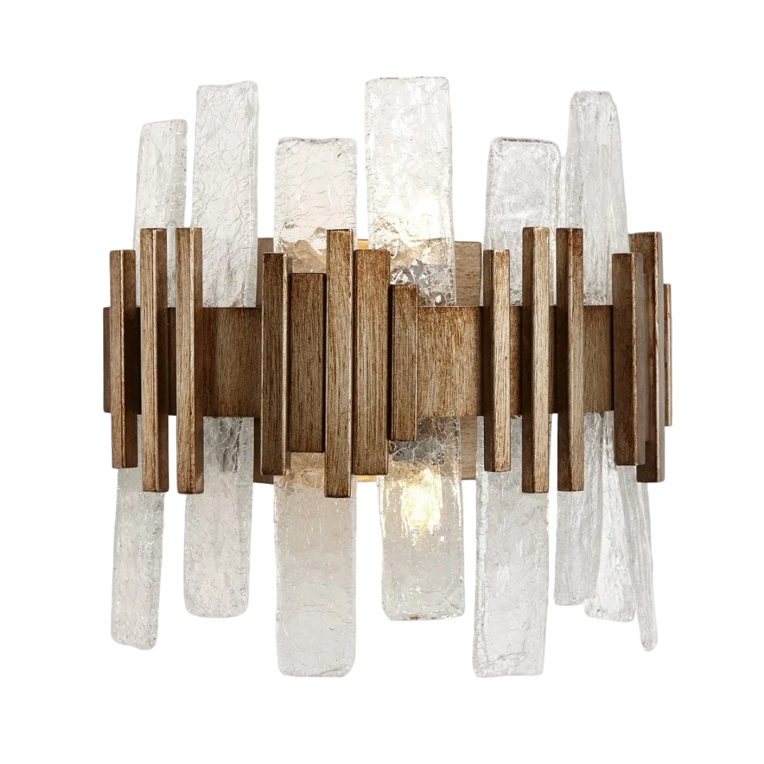 A wall lamp with textured glass panels and a painted antique gold finish.