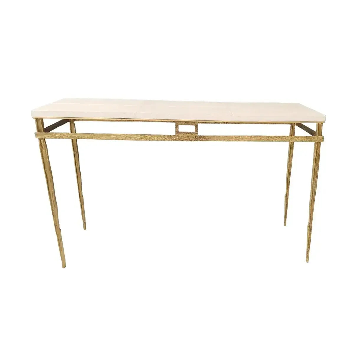 A console table with a light beige marble top and a distressed gold metal frame with slender legs, shown against a plain white background.