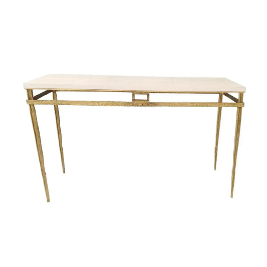 A console table with a light beige marble top and a distressed gold metal frame with slender legs, shown against a plain white background.