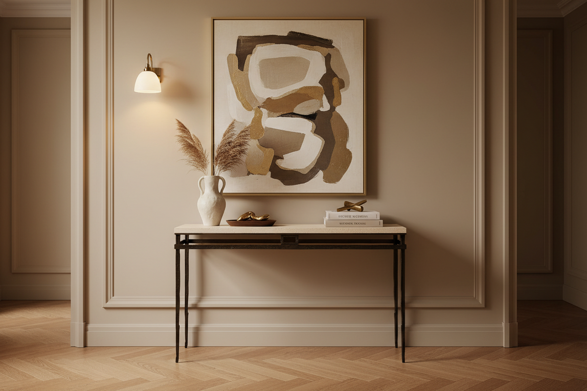 A console table with a light beige wood top and a dark, rustic black metal frame with four tapered legs, shown against a solid light gray background.