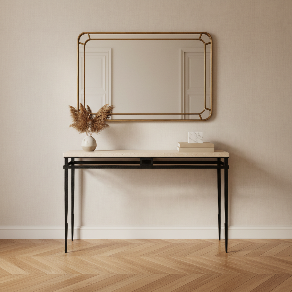 A modern console table featuring a light beige wood top and a black metal frame with twisted legs, shown against a solid light gray background.