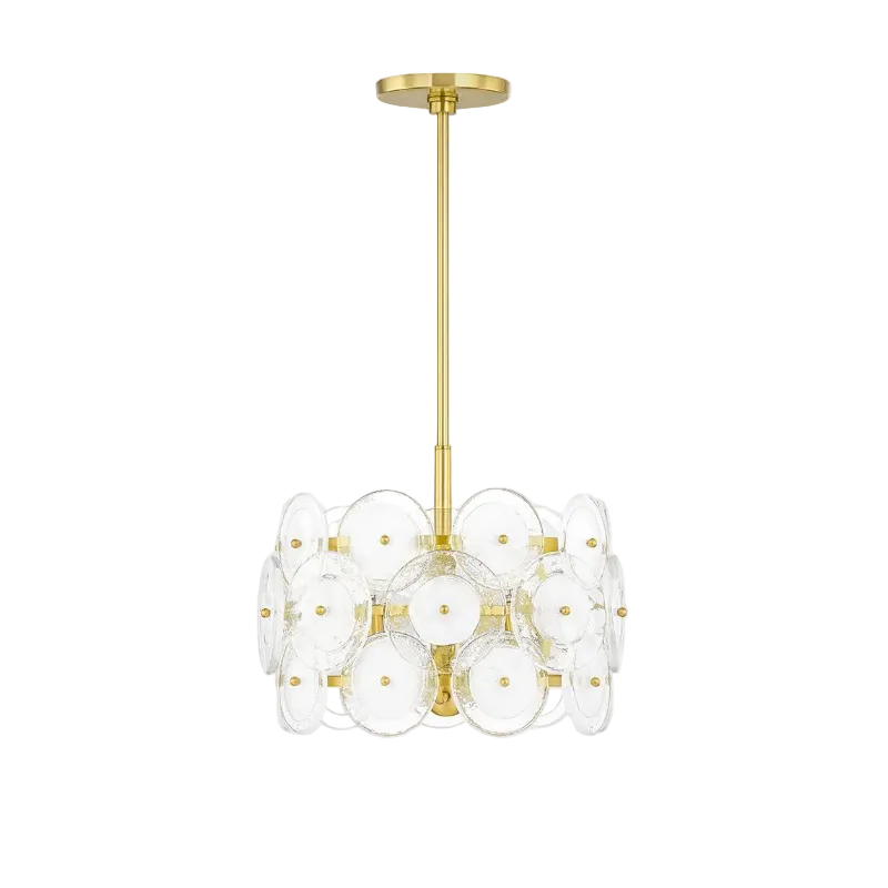 A modern multi-light pendant chandelier with a brushed gold metal frame and clear glass circular shades, suspended from a matching gold ceiling canopy against a solid white background.