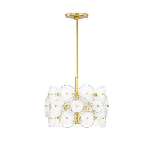 A modern multi-light pendant chandelier with a brushed gold metal frame and clear glass circular shades, suspended from a matching gold ceiling canopy against a solid white background.