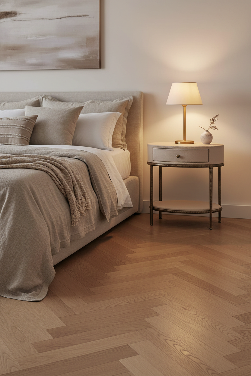 An oval upholstered side table with a single drawer and lower shelf, featuring a light beige fabric finish and a dark bronze metal frame with a single round brass knob.